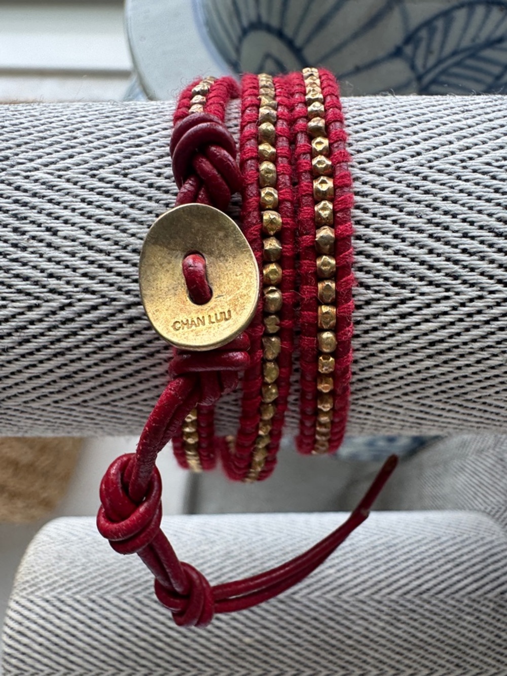 Chan Luu Deep Red Leather Wrap Bracelet with Gold Beads
